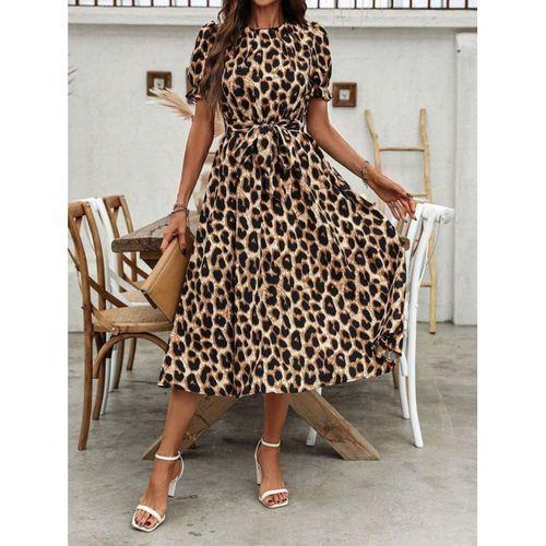 Kadın Kısa Kollu Yakalı Belden Kuşaklı Leopar Desenli Midi Süprem Elbise
