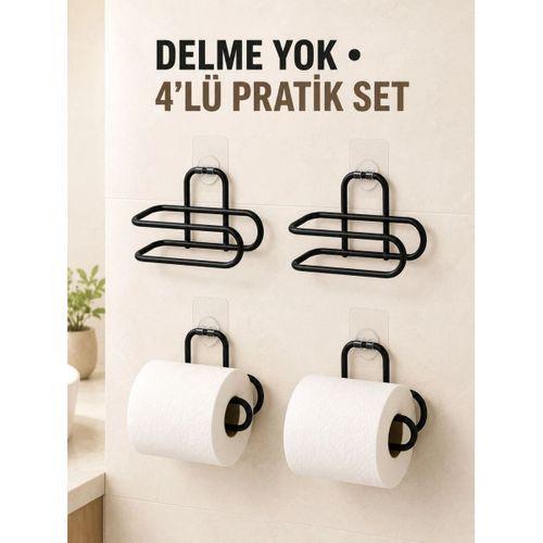 Siyah 4 Adet Metal Tuvalet Kağıdı Tutucu Kendinden Yapışkanlı Delmeden Montaj Banyo Askısı