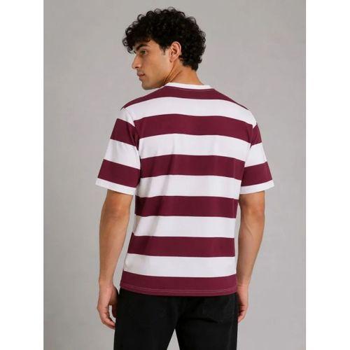 Erkek Çizgili Oversize Tişört Bisiklet Yaka Kısa Kol Yazlık T-Shirt - Bordo
