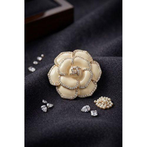 Gold Krem Renk Zirkon Taşlı Gül Model Broş