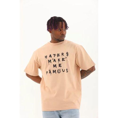 Unisex Oversize Baskılı Bisiklet Yaka T-Shirt - Bej