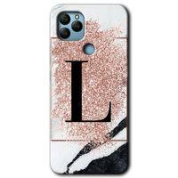 MRCİLETİSİM General Mobile GM 21 Kılıf HD Desen Baskılı Arka Kapak + Temperli Cam - Pembe Mermer Desenli L Harfi