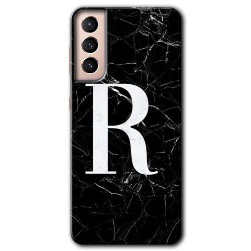 Potkal Hediye Fabrikası Samsung Galaxy S21 HD Baskılı Kılıf + 9D Tam Ekran Koruyucu - Siyah Mermer Desenli R Harfi