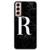 Potkal Hediye Fabrikası Samsung Galaxy S21 HD Baskılı Kılıf + 9D Tam Ekran Koruyucu - Siyah Mermer Desenli R Harfi