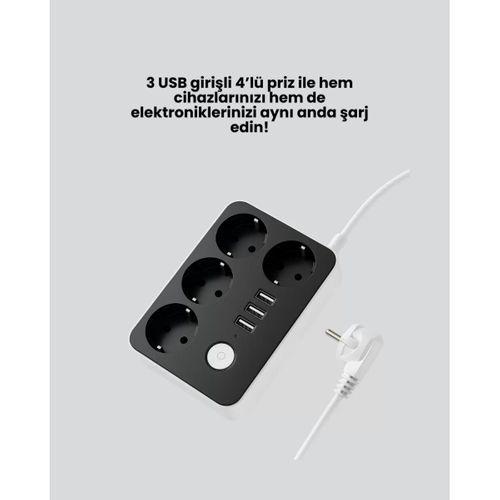Akım Korumalı 3 Usb Portlu 4’lü Priz 4.1a Hızlı Şarj