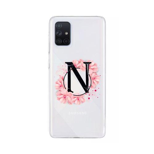 Samsung A71 Pembe Çiçek Desen N Harfli Şeffaf Kılıf
