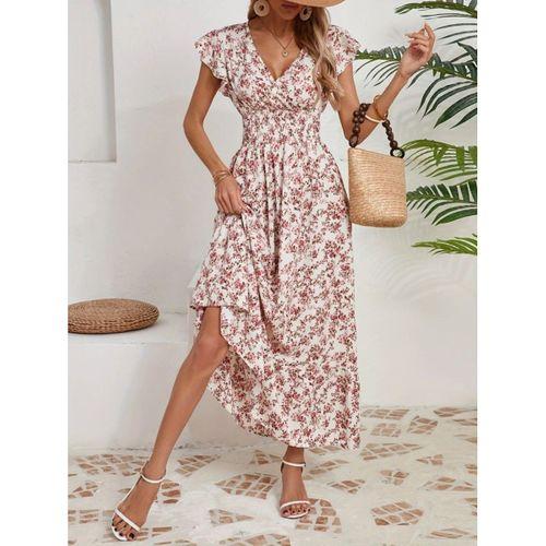 Kadın Kısa Kollu Kruvaze Yaka Beli Lastikli çiçek Desenli Elbise