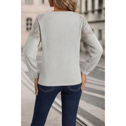 Kadın Uzun Kollu V Yakalı Dantelli Waffle Bluz