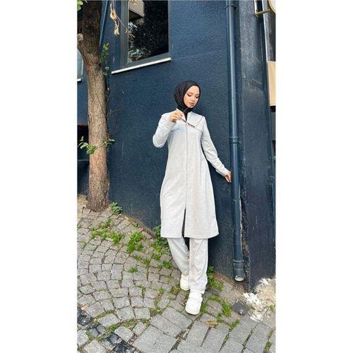 Fermuarlı Uzun Tunik Pantolon Spor İkili Takım - 03058.008 - Gri