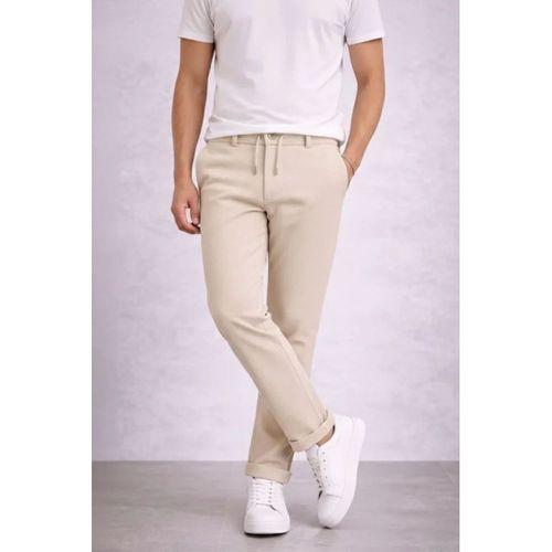 Erkek Diagonel Mikro Dokulu Duble Paça Cepli Pantolon Bağcıklı Bel, Modern Kesim - Krem