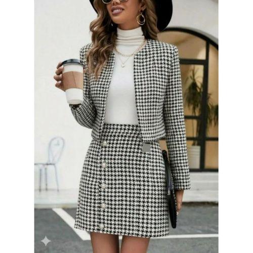 Kadın Uzun Kollu önü Açık Dokuma Ceket Ve Mini Etek Ikili Takım