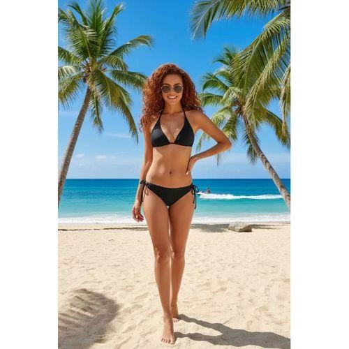 Siyah Üçgen Kesim Bağlamalı Bikini Takımı Ayarlanabilir İpli Alt Üst Esnek Rahat Kadın Mayo Seti