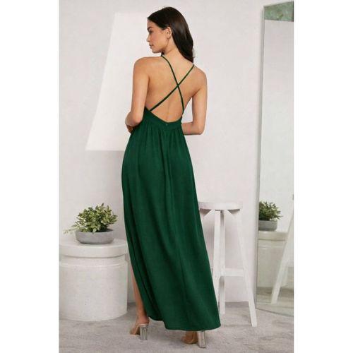 Kadın Ip Askılı Kruvazeli Yırtmaç Detaylı Yerli Krep Uzun Elbise