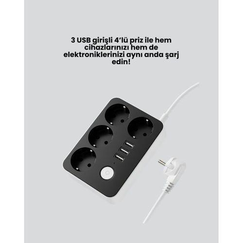 Akım Korumalı 3 Usb Portlu 4’lü Priz 4.1a Hızlı Şarj