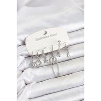 316L Çelik Gümüş Renk Zirkon Taşlı Zincir Detaylı Kadın Küpe Seti