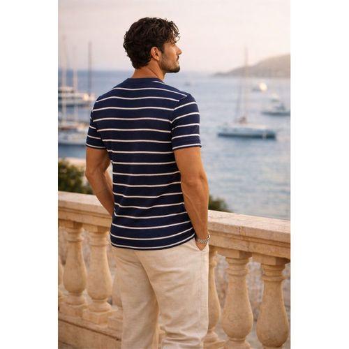 Kristof Pike Kumaş Regular Fit Düğmeli Yaka Kendinden Çizgili T-Shirt - Lacivert