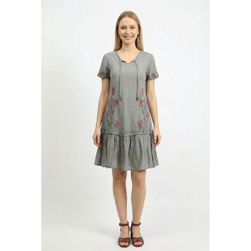 Kısa Kol Gülbin Bağcıklı V Yaka Nakışlı Yazlık Vual Kısa Elbise Gri Gri