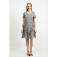 Kısa Kol Gülbin Bağcıklı V Yaka Nakışlı Yazlık Vual Kısa Elbise Gri Gri