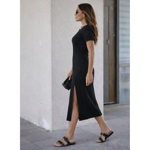 Kadın Kısa Kollu Bisiklet Yaka Yandan Yırtmaçlı Midi Viskon Elbise