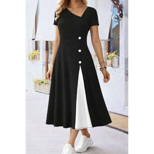 Kadın Kısa Kollu Asimetrik Yakalı Düğme Detaylı Midi Viskon Elbise