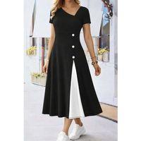 Kadın Kısa Kollu Asimetrik Yakalı Düğme Detaylı Midi Viskon Elbise