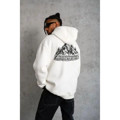 Erkek Nihilist Penguen Temalı Oversize Kapüşonlu Sweatshirt - Beyaz