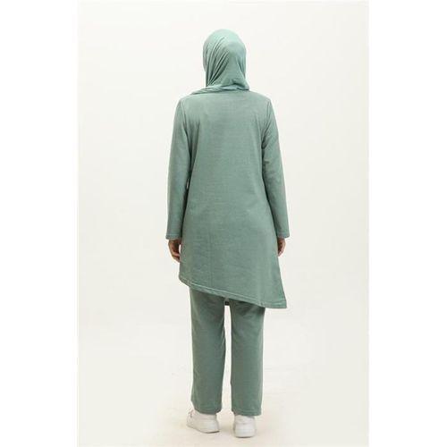 Kruvaze Bisiklet Yaka Sade Basic Tunik Panolon İkili Takım - 03076.100 - Çağla Yeşili