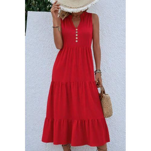 Kadın Askılı V Yakalı önden Düğmeli Midi Viskon Elbise