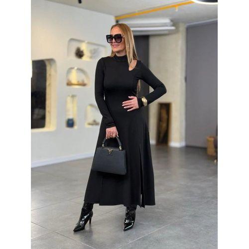 Kadın Balıkçı Yaka Damla Detaylı Yırtmaçlı Uzun Viskon Iki Iplik Maxi Elbise