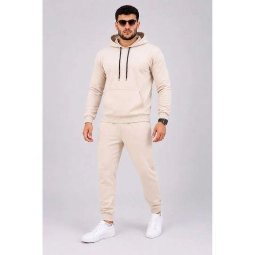 Erkek İki İplik Kapüşonlu Kanguru Cepli Sweatshirt Jogger Pantolon Alt Üst Eşofman Takımı -Bej