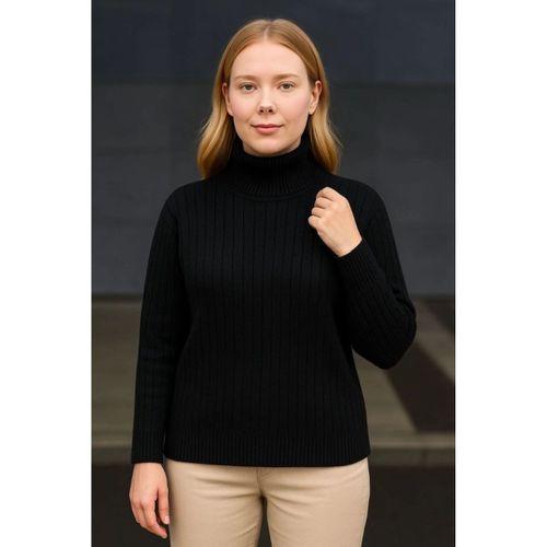 Balıkcı Yaka Bağazlı Triko Kazak Pamuklu Kalın Fitilli Dokuma - Siyah