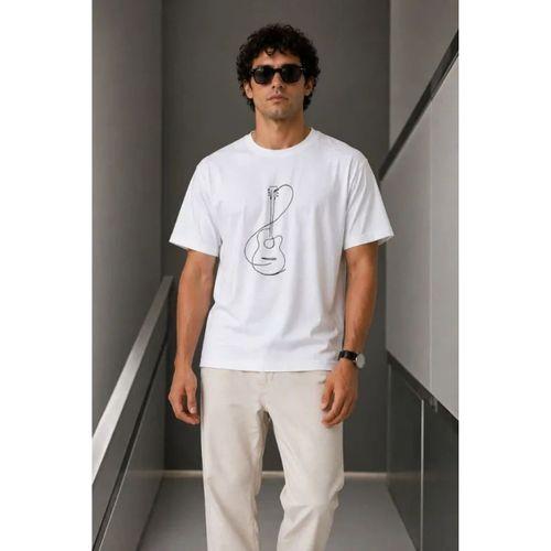 Erkek Minimal Gitar Baskılı Tişört T-Shirt Yazlık Kısa Kol Bisiklet Yaka T-Shirt - Beyaz