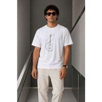 Erkek Minimal Gitar Baskılı Tişört T-Shirt Yazlık Kısa Kol Bisiklet Yaka T-Shirt - Beyaz