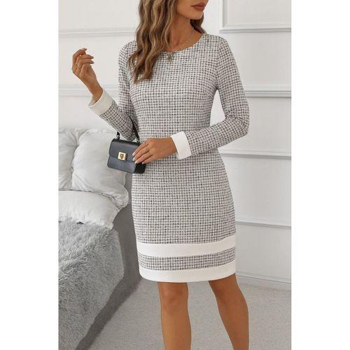 Kadın Uzun Kollu Yuvarlak Yaka Etek Ucu şerit Detaylı Mini Dokuma Elbise