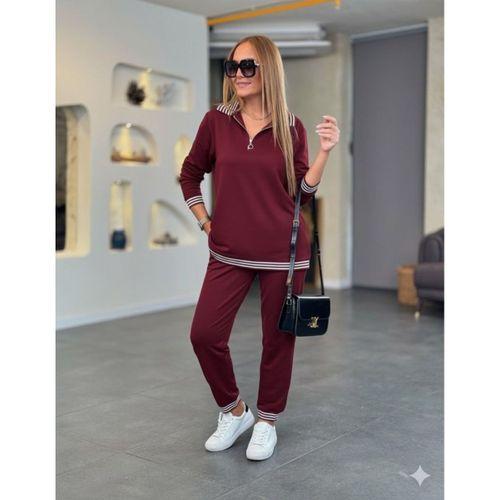 Kadın Uzun Kollu Fermuarlı şerit Detay Desenli Alt üst Ikili Viskon Iki Iplik Takım