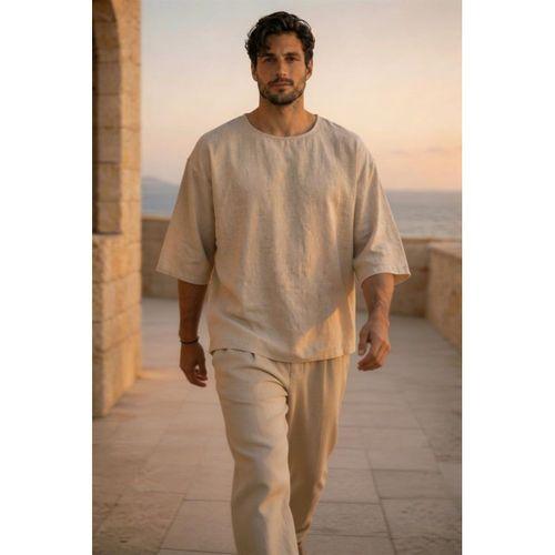 Castiel Bisiklet Yaka Fakir Kol Oversize Kısa Kol T-shirt - Bej