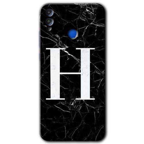 Honor 8x Kılıf HD Desen Baskılı Arka Kapak + Temperli Cam - Siyah Mermer Desenli H Harfi