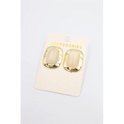 Taşlı Metal Küpe - Krem