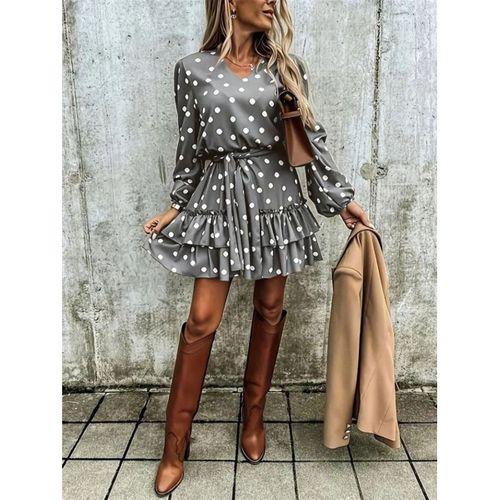 Kadın Uzun Kollu V Yakalı Belden Kuşaklı Puantiyeli Mini Modal Elbise