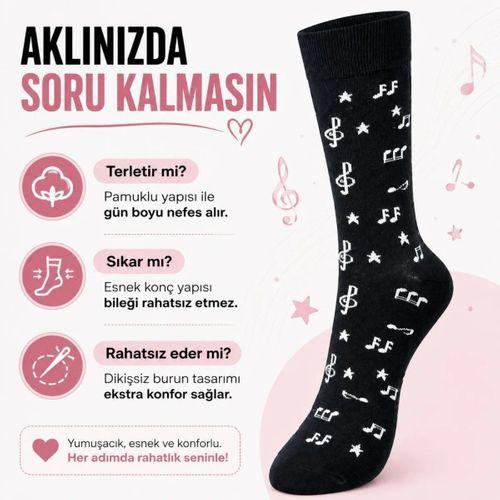 Kadın Müzik Notalı Soket Çorap 36-40 | Pamuklu Dikişsiz Burun Siyah Beyaz Uzun Konç