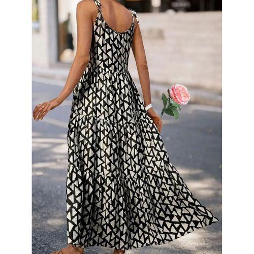 Kadın Askılı Yuvarlak Yaka Fırfırlı Desenli Uzun Bürümcük Elbise