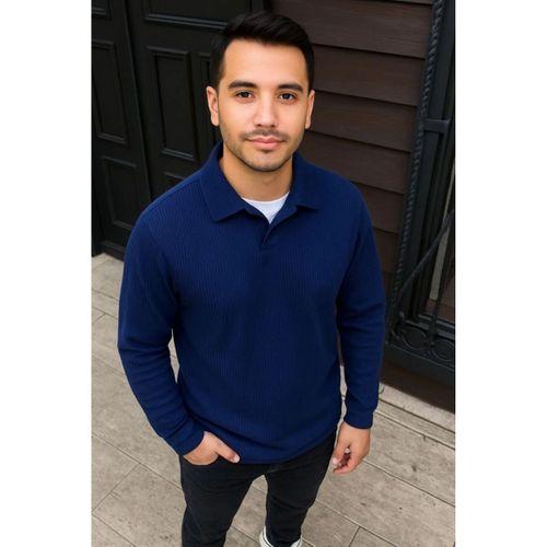 Erkek Fitilli Polar Sweatshirt – Düğmesiz Polo Yaka, Oversize Rahat Kalıp, Kalın Polar Kumaş, Kışlık Ve Baharlık Şık Günlük Üst - Lacivert