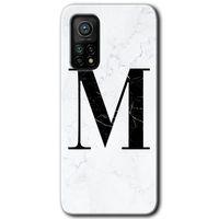 MRCİLETİSİM Xiaomi Mi 10T Pro Kılıf Baskılı Kapak - Beyaz Mermer Desenli M Harfi + 5D Tam Kaplayan Cam