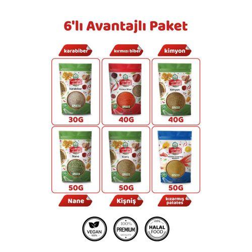 6’lı Avantajlı Gurme Baharat Seti Karabiber30, Pul Biber40, Kimyon40, Nane50, Kişniş50,Kızarmış Patates Baharat50 gr