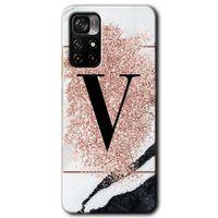 MRCİLETİSİM Xiaomi Redmi Note 11T Kılıf HD Desen Baskılı Arka Kapak + Temperli Cam - Pembe Mermer Desenli V Harfi