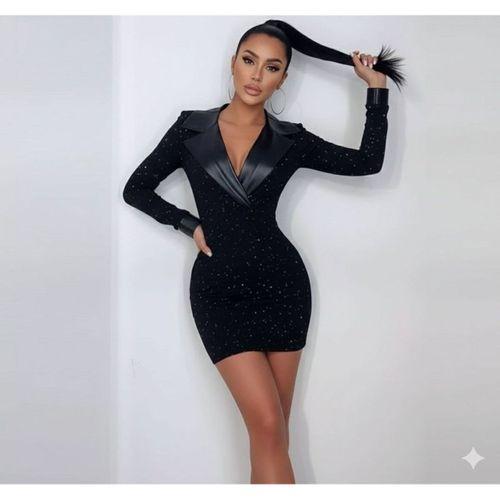 Kadın Deri Detaylı Manşet Yaka Simli Fukara Kumaş Mini Elbise