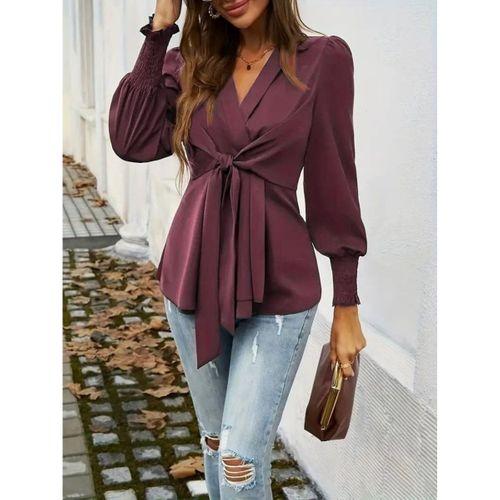 Kadın Uzun Kollu Kruvaze Yakalı önden Bağlamalı Ithal Krep Bluz