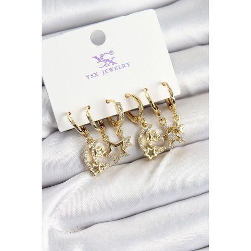 Pirinç Zİrkon Taşlı Ay ve Yıldız Model Gold Renk 3'lü Çift Kadın Küpe