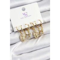 Pirinç Zİrkon Taşlı Ay ve Yıldız Model Gold Renk 3'lü Çift Kadın Küpe