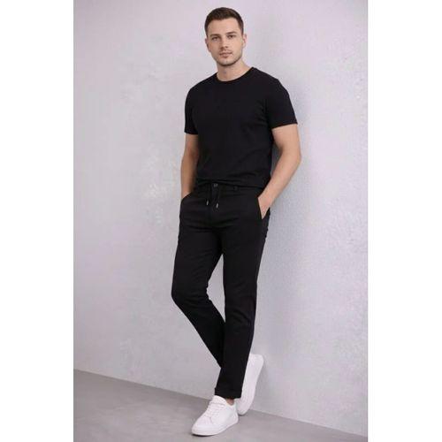 Erkek Diagonel Mikro Dokulu Duble Paça Cepli Pantolon Bağcıklı Bel, Modern Kesim - Siyah